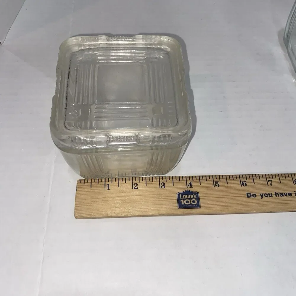 2-VTG Hazel Atlas Crisscross Clear Glass Square Refrigerator Dishes W/Lids 1930s